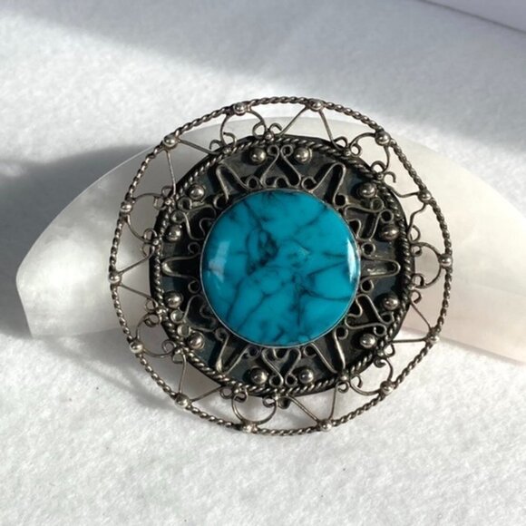 VTG Sterling Silver 925 Joy-Mex Hencho En Mexico Faux Turquoise Filigree Brooch - Picture 1 of 12